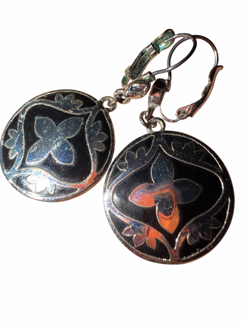 Silver tone Black enamel quatrefoil Floral Disc Drop Earrings